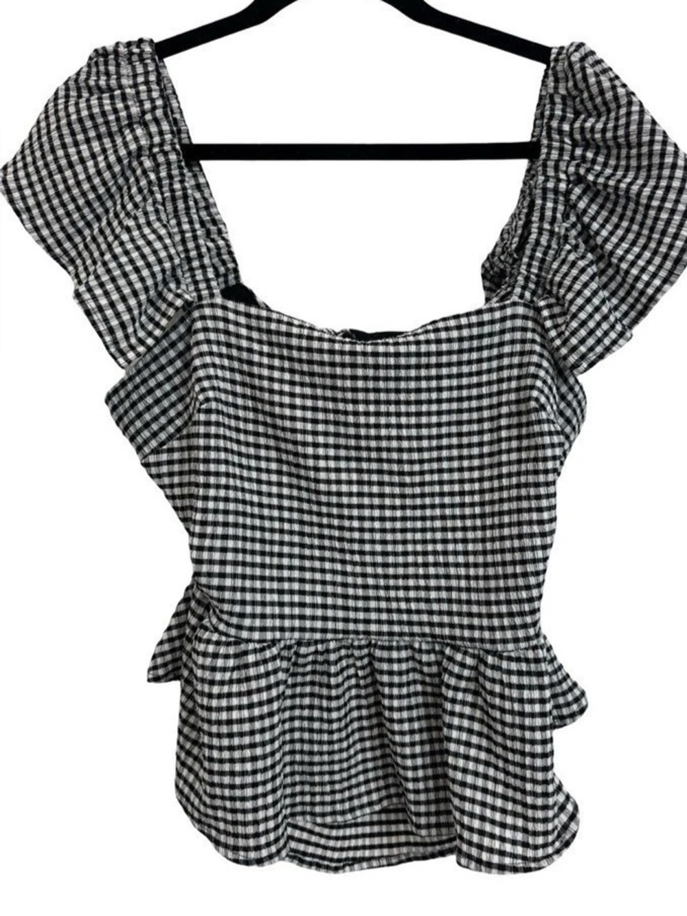LILY STAR Gingham Ruffle Blouse in Black & White Size Large